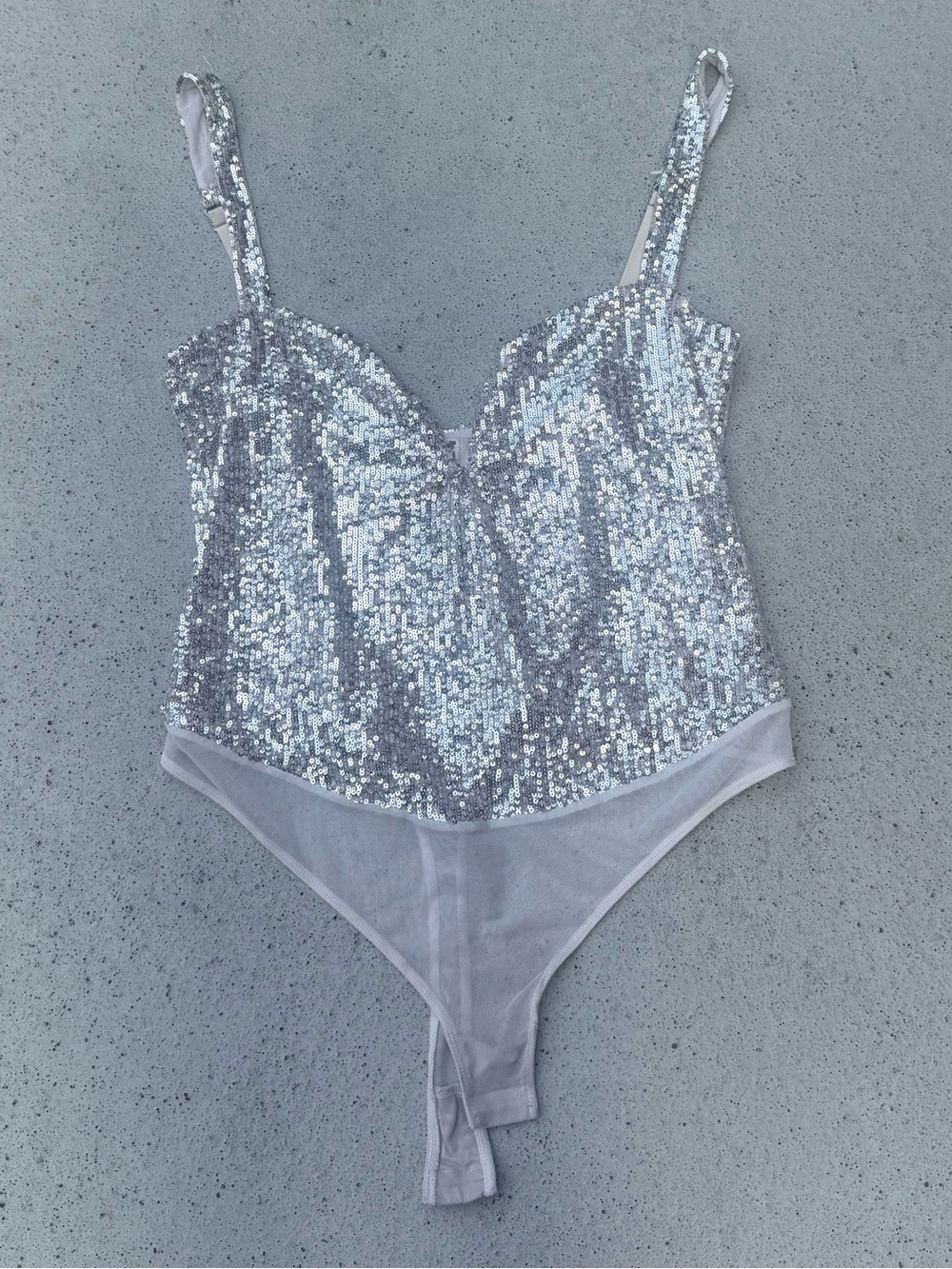 Free People Silver Sequin Mesh Bodysuit Size XL